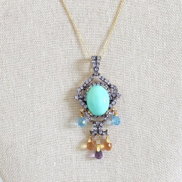 14k Yellow Gold Turquoise Multi Gemstone Chandelier Pendant Chain Necklace 18" - Picture 2 of 16
